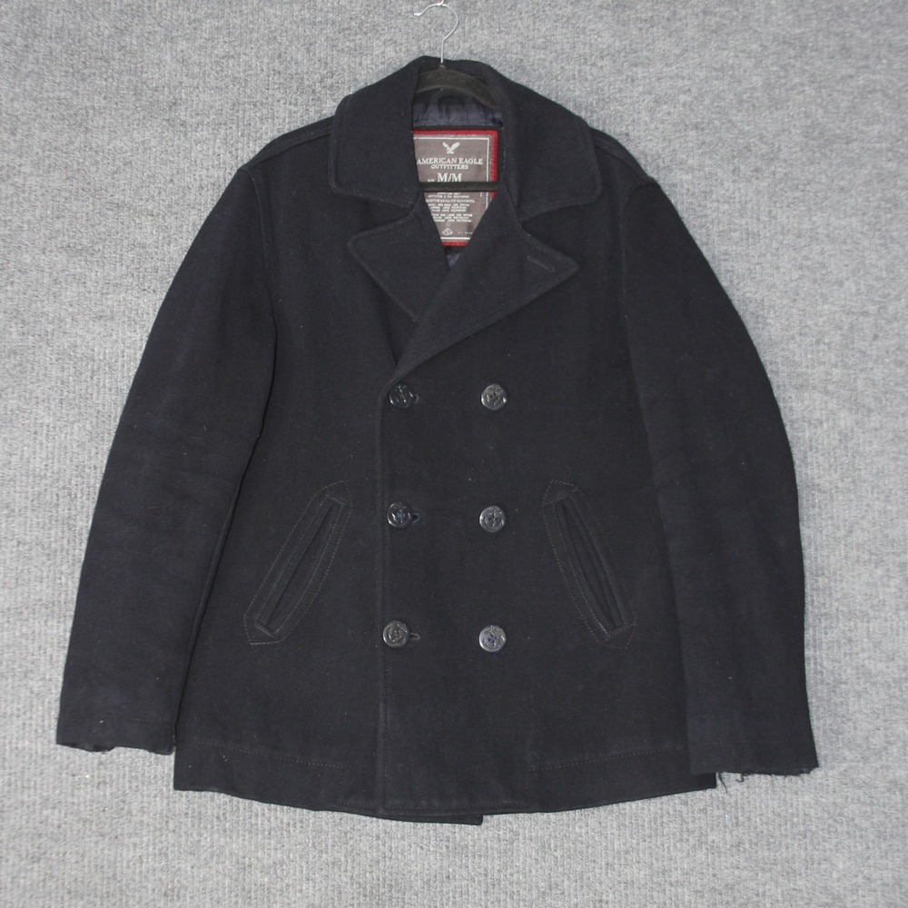 American Eagle Peacoat Mens M Black Wool Blend Double Breasted Jacket Coat